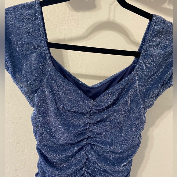 Metallic Blue Ruched Dress - Picture 3 of 5